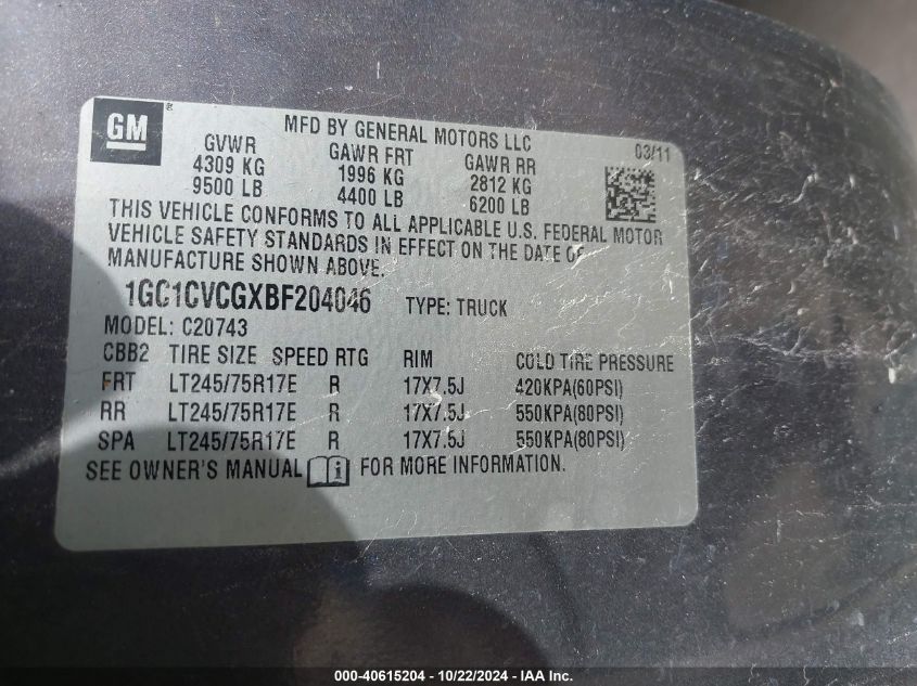 2011 Chevrolet Silverado 2500Hd Work Truck VIN: 1GC1CVCGXBF204046 Lot: 40615204