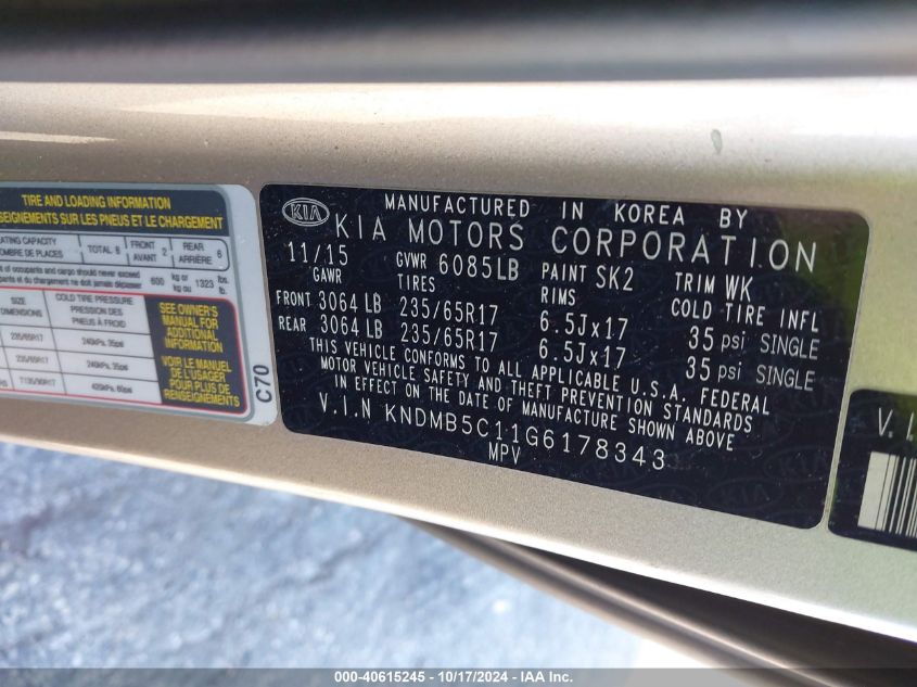 2016 Kia Sedona Lx VIN: KNDMB5C11G6178343 Lot: 40615245