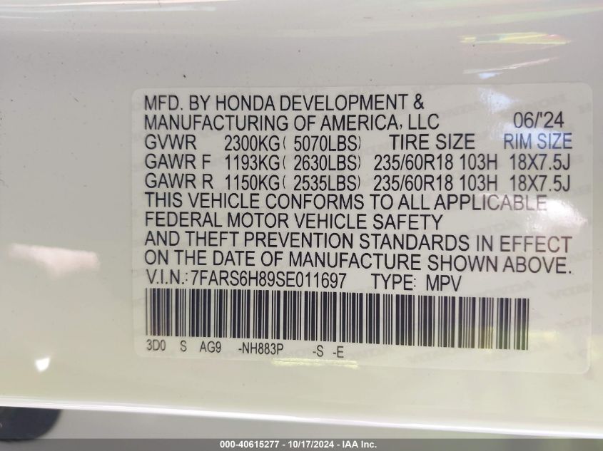 2025 Honda Cr-V Hybrid Sport-L VIN: 7FARS6H89SE011697 Lot: 40615277