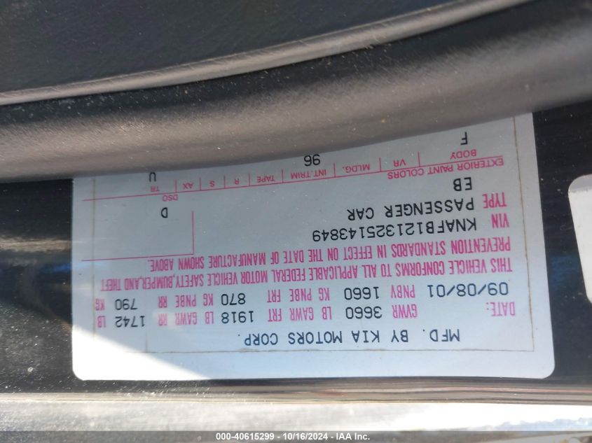 2002 Kia Spectra Ls VIN: KNAFB121325143849 Lot: 40615299