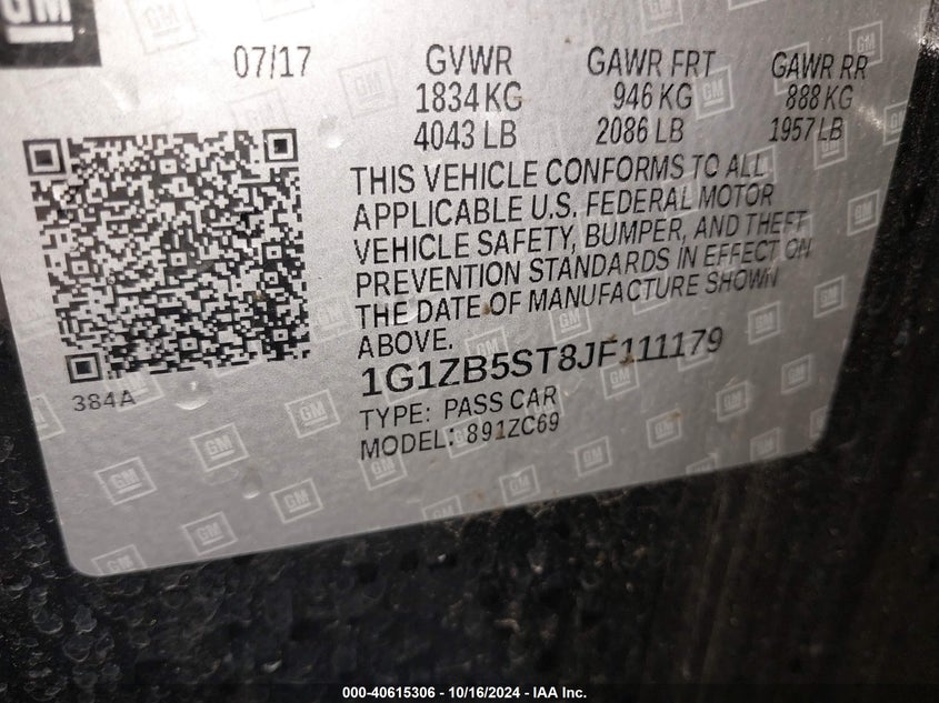 VIN 1G1ZB5ST8JF111179 2018 CHEVROLET MALIBU 1LS