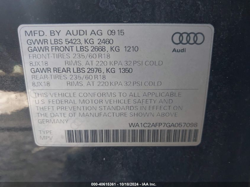 2016 Audi Q5 2.0T Premium VIN: WA1C2AFP7GA057098 Lot: 40615361