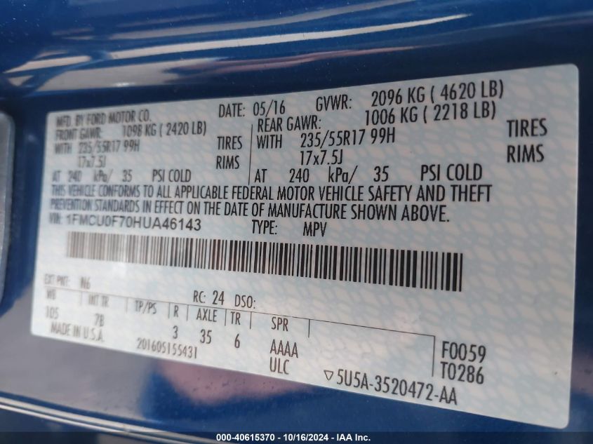 2017 Ford Escape S VIN: 1FMCU0F70HUA46143 Lot: 40615370