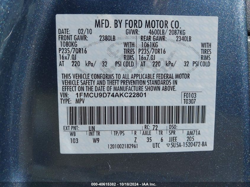 2010 Ford Escape Xlt Automatic VIN: 1FMCU9D74AKC22801 Lot: 40615382