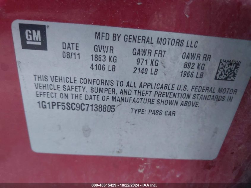 2012 Chevrolet Cruze 1Lt VIN: 1G1PF5SC9C7138805 Lot: 40615429