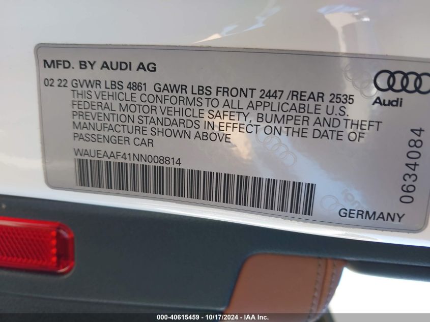 2022 Audi A4 Premium Plus 45 Tfsi S Line Quattro S Tronic VIN: WAUEAAF41NN008814 Lot: 40615459