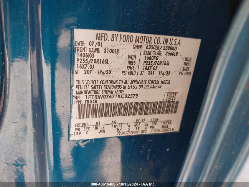 2001 Ford F-150 Harley-Davidson Edition/King Ranch Edition/Lariat/Xlt VIN: 1FTRW07671KC02579 Lot: 40615488