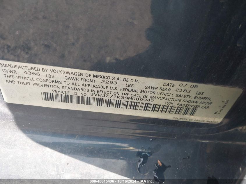 2009 Volkswagen Jetta S VIN: 3VWJZ71K39M009947 Lot: 40615496