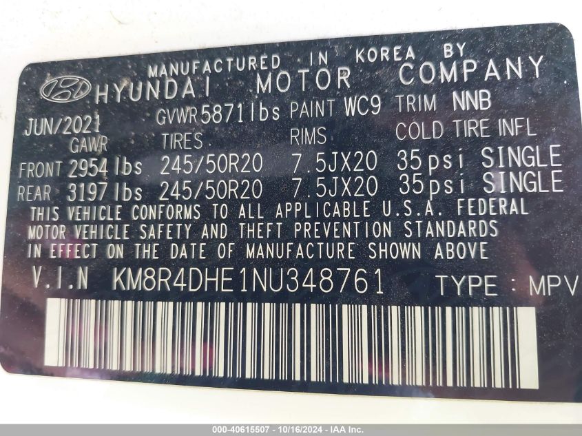 2022 Hyundai Palisade Sel VIN: KM8R4DHE1NU348761 Lot: 40615507