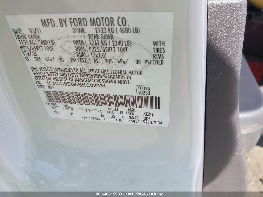 2011 Ford Escape Limited VIN: 1FMCU9EG5BKC02931 Lot: 40615580