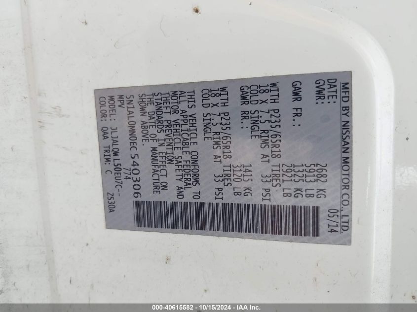 2014 Infiniti Qx60 VIN: 5N1AL0MN0EC540306 Lot: 40615582