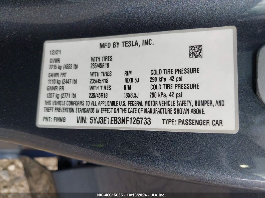 VIN 5YJ3E1EB3NF126733 2022 Tesla Model 3, Long Rang... no.9