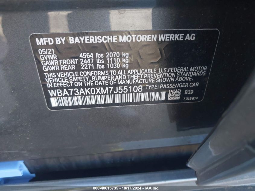 2021 BMW 228I Gran Coupe xDrive VIN: WBA73AK0XM7J55108 Lot: 40615735