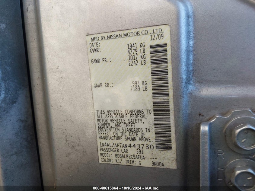 2010 NISSAN ALTIMA VIN: 1N4AL2AP7AN443730