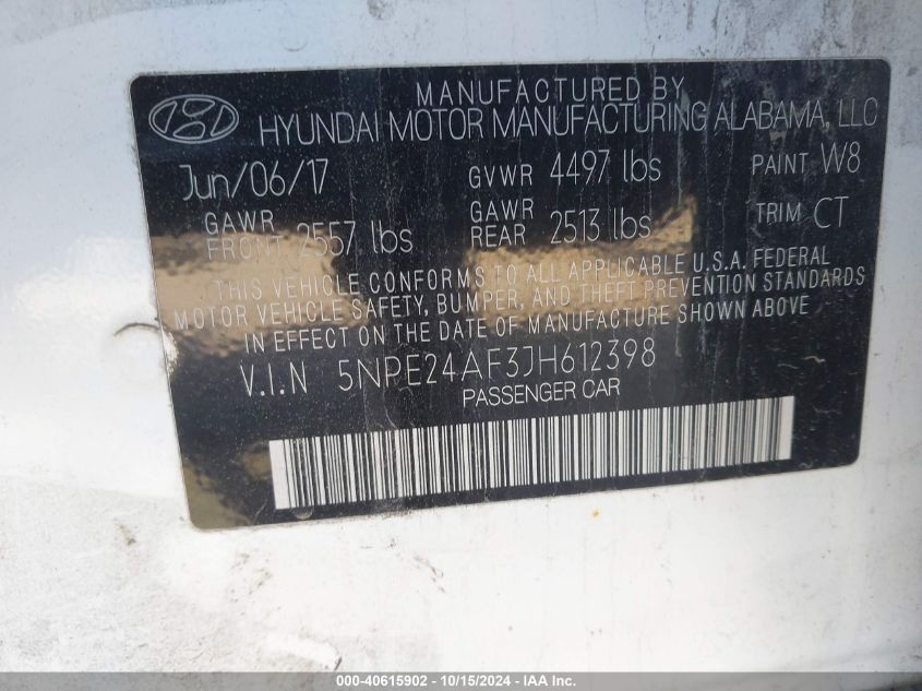 VIN 5NPE24AF3JH612398 2018 HYUNDAI SONATA SE