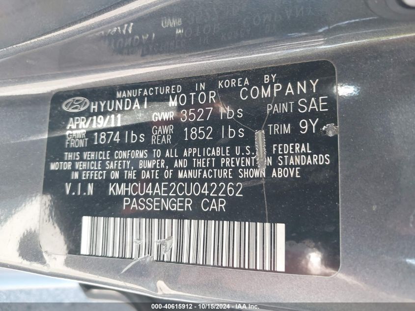 2012 Hyundai Accent Gls VIN: KMHCU4AE2CU042262 Lot: 40615912