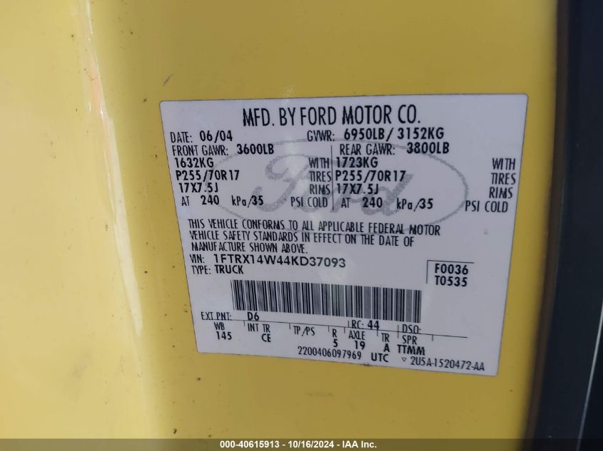 2004 Ford F-150 Stx/Xl/Xlt VIN: 1FTRX14W44KD37093 Lot: 40615913