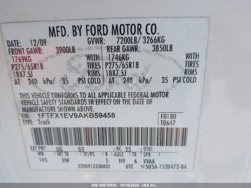 2010 Ford F-150 Fx4/Lariat/Xl/Xlt VIN: 1FTFX1EV9AKB59458 Lot: 40615935