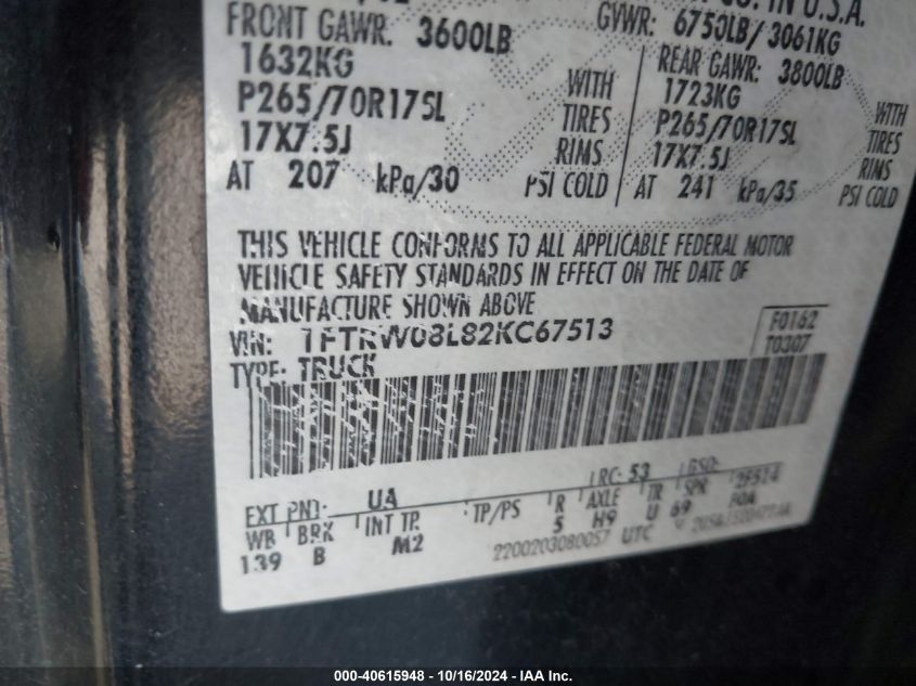 2002 Ford F-150 Lariat/Xlt VIN: 1FTRW08L82KC67513 Lot: 40615948