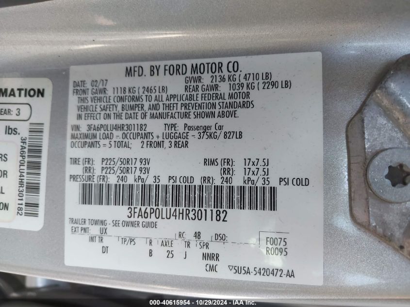 VIN 3FA6P0LU4HR301182 2017 Ford Fusion, Hybrid SE no.9