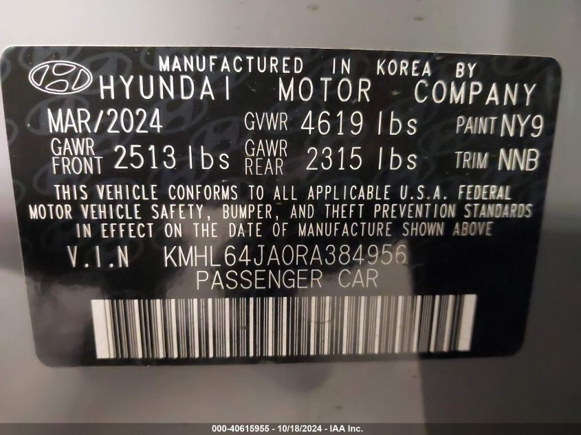 2024 Hyundai Sonata Sel VIN: KMHL64JA0RA384956 Lot: 40615955