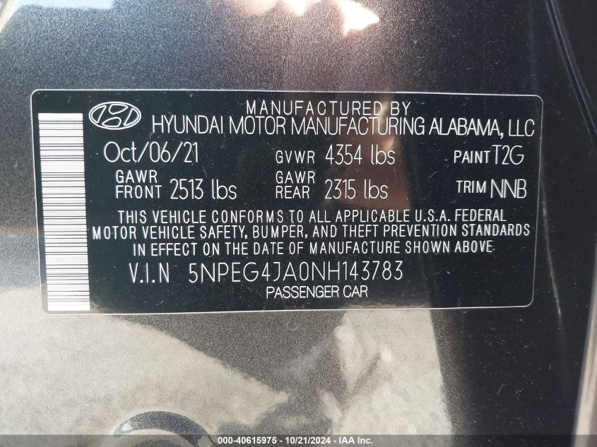 2022 Hyundai Sonata Se VIN: 5NPEG4JA0NH143783 Lot: 40615975