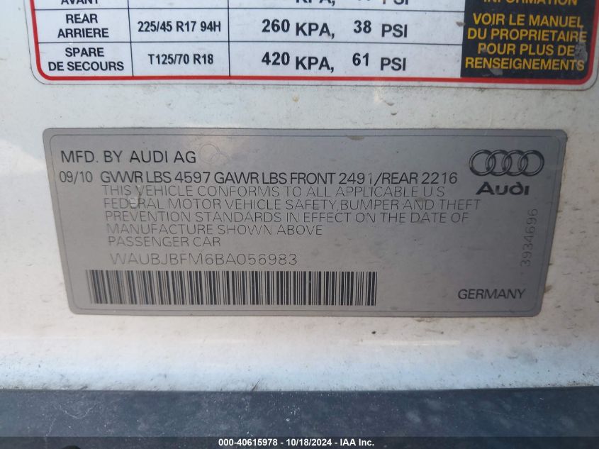 2011 Audi A3 2.0 Tdi Premium VIN: WAUBJBFM6BA056983 Lot: 40615978