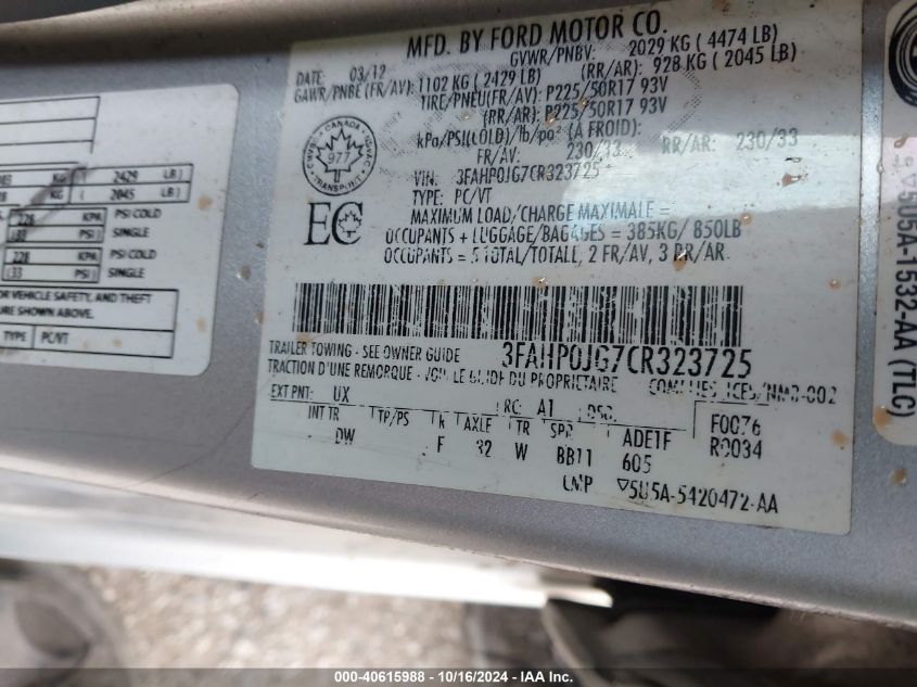 2012 Ford Fusion Sel VIN: 3FAHP0JG7CR323725 Lot: 40615988