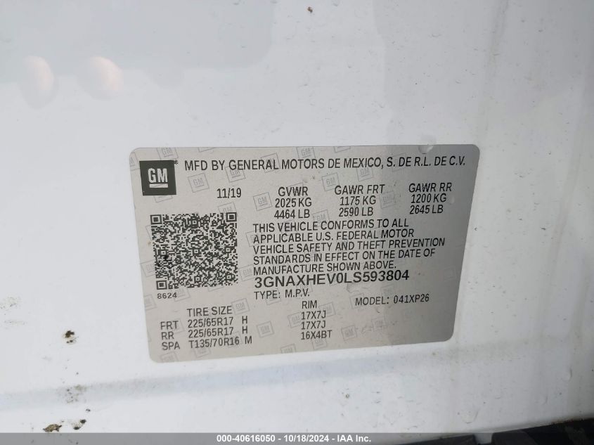 2020 Chevrolet Equinox Fwd Ls VIN: 3GNAXHEV0LS593804 Lot: 40616050