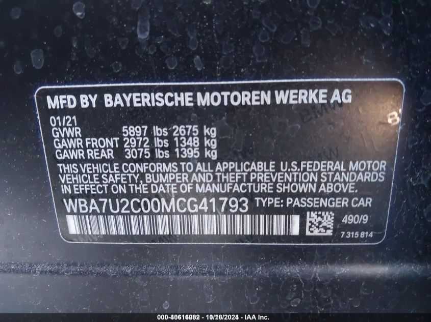 2021 BMW 7 Series 750I xDrive VIN: WBA7U2C00MCG41793 Lot: 40616082