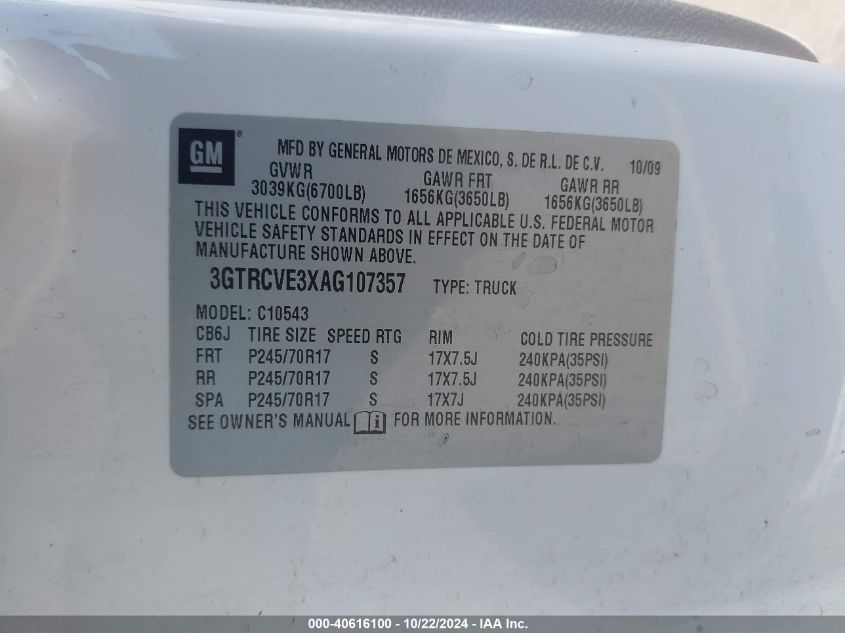 2010 GMC Sierra 1500 Xtra Fuel Economy VIN: 3GTRCVE3XAG107357 Lot: 40616100