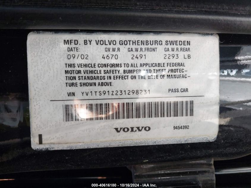 2003 Volvo S80 T6 Elite VIN: YV1TS91Z231298231 Lot: 40616180