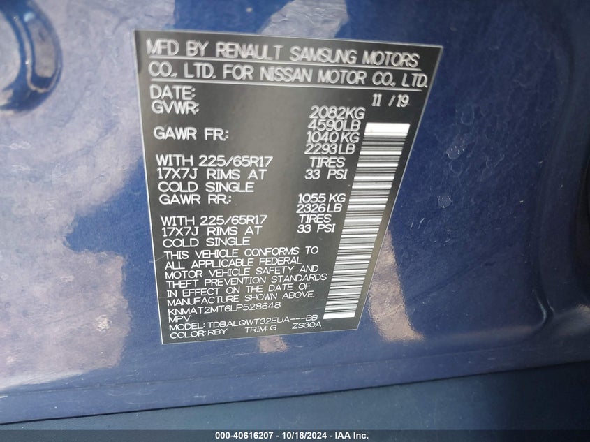 VIN KNMAT2MT6LP528648 2020 NISSAN ROGUE SV FWD