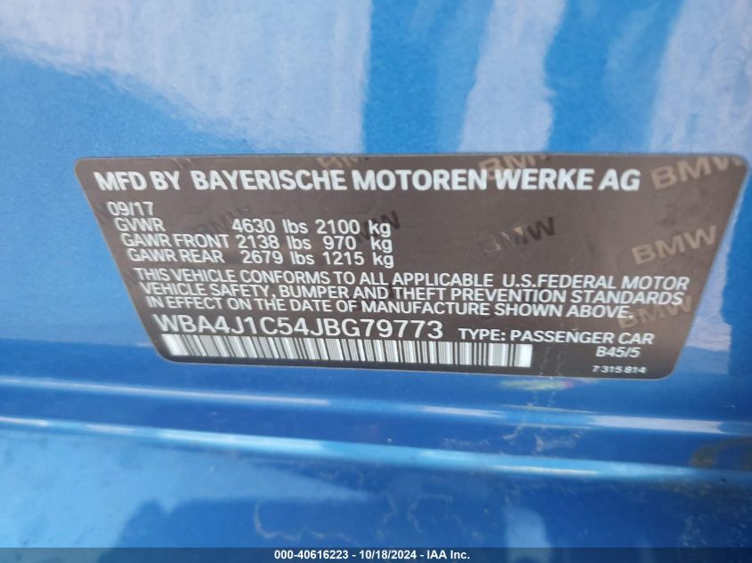 2018 BMW 430I Gran Coupe VIN: WBA4J1C54JBG79773 Lot: 40616223