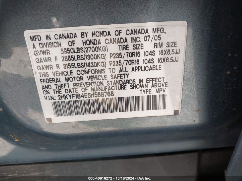 2005 Honda Pilot Ex VIN: 2HKYF18455H568768 Lot: 40616272