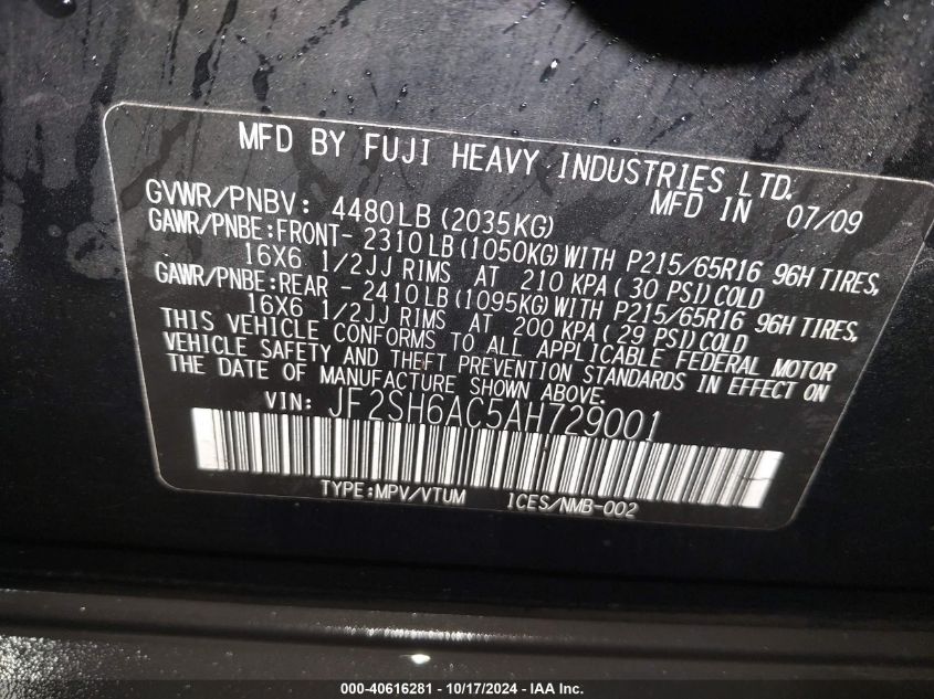 2010 Subaru Forester 2.5X VIN: JF2SH6AC5AH729001 Lot: 40616281