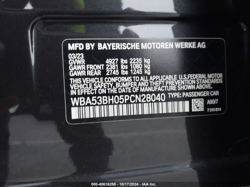 2023 BMW 530 I VIN: WBA53BH05PCN28040 Lot: 40616288