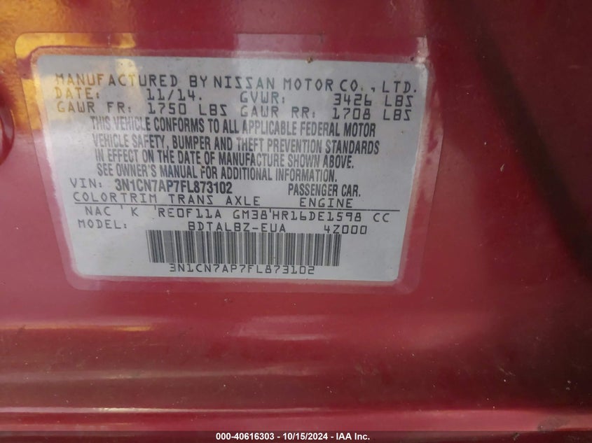 2015 Nissan Versa 1.6 Sv VIN: 3N1CN7AP7FL873102 Lot: 40616303