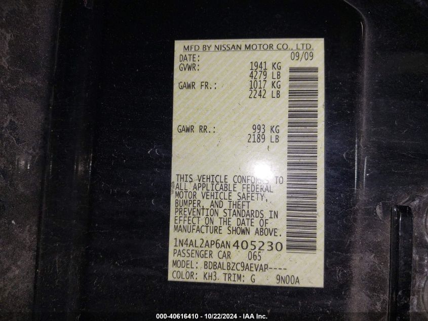 2010 Nissan Altima 2.5 S VIN: 1N4AL2AP6AN405230 Lot: 40616410