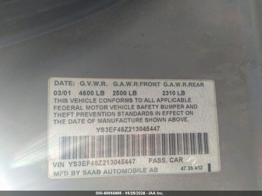 2001 Saab 9-5 Se VIN: YS3EF48Z213045447 Lot: 40616455