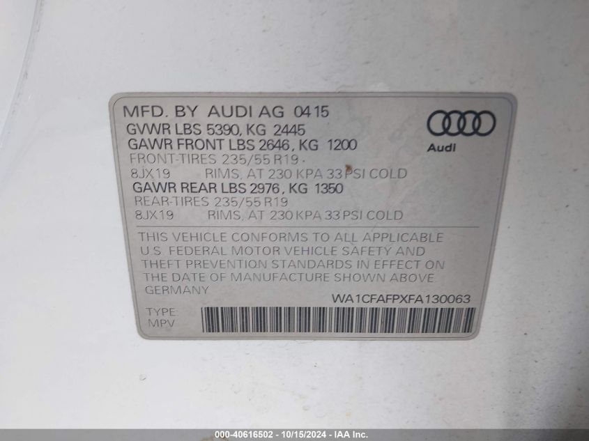 2015 Audi Q5 2.0T Premium VIN: WA1CFAFPXFA130063 Lot: 40616502