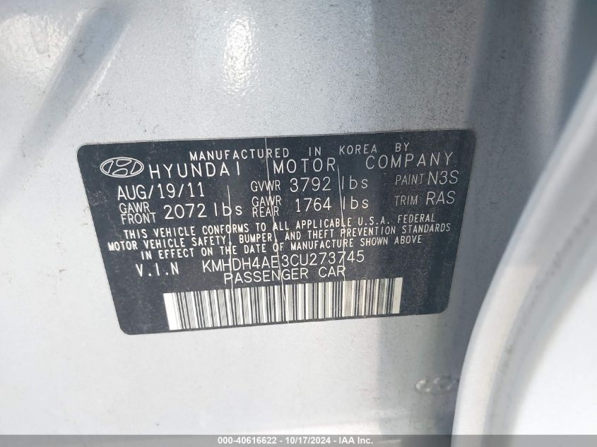 2012 Hyundai Elantra Limited (Ulsan Plant) VIN: KMHDH4AE3CU273745 Lot: 40616622