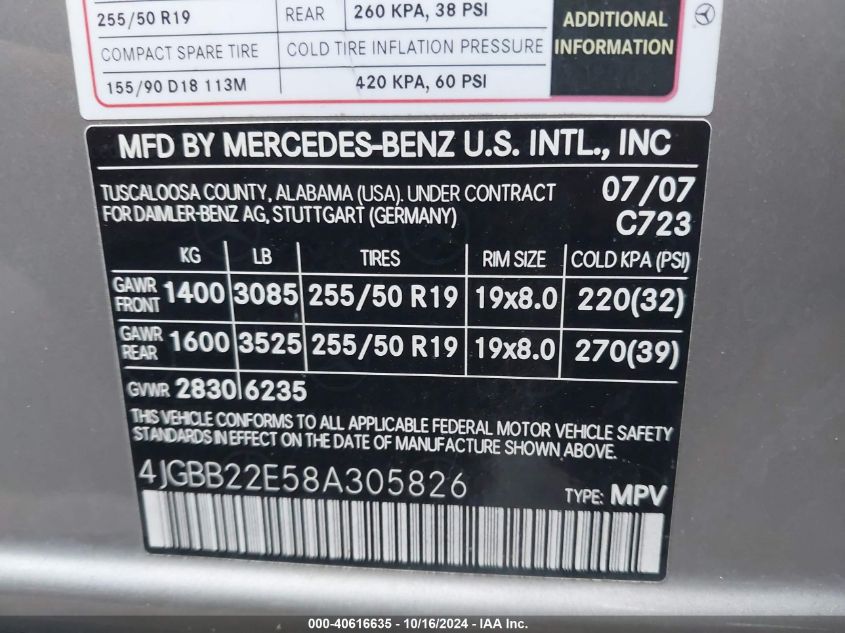 2008 Mercedes-Benz Ml 320 Cdi 4Matic VIN: 4JGBB22E58A305826 Lot: 40616635