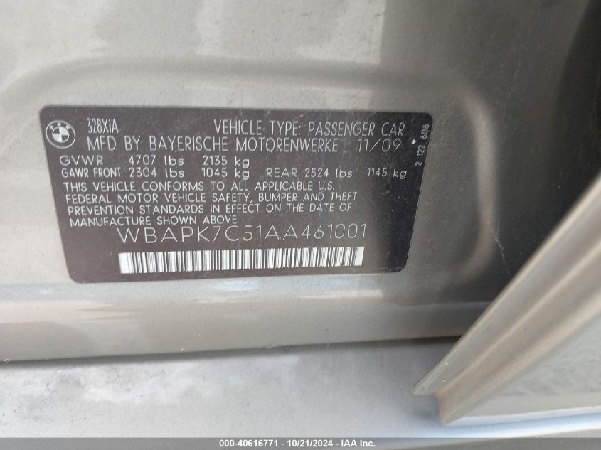 2010 BMW 328I xDrive VIN: WBAPK7C51AA461001 Lot: 40616771