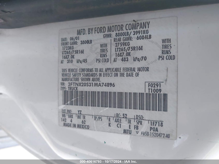 2001 Ford F-250 Lariat/Xl/Xlt VIN: 3FTNX20S31MA74896 Lot: 40616793