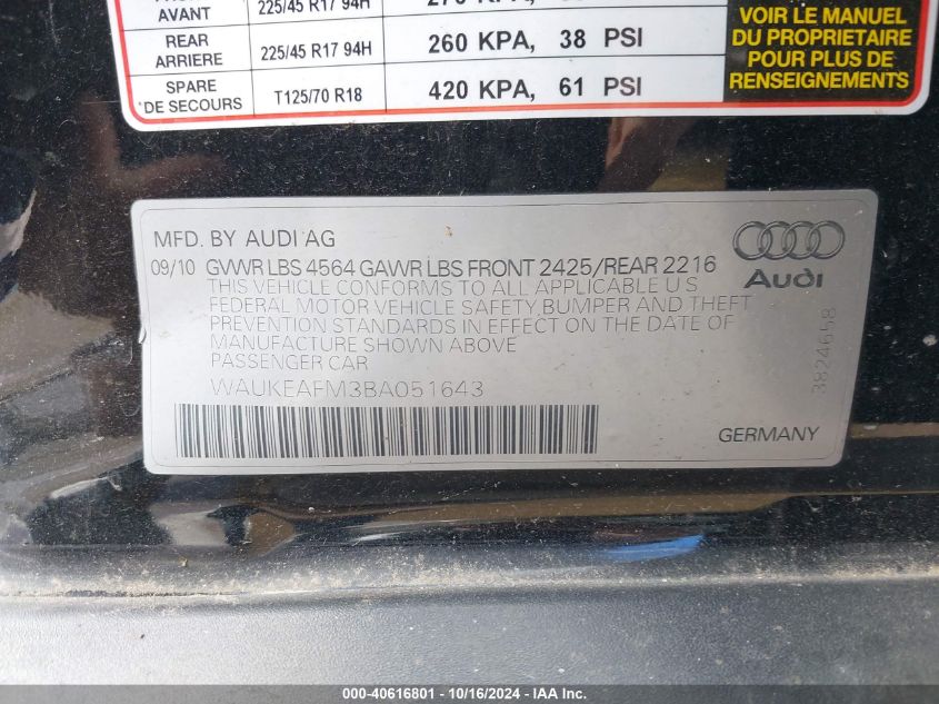 2011 Audi A3 2.0T Premium VIN: WAUKEAFM3BA051643 Lot: 40616801