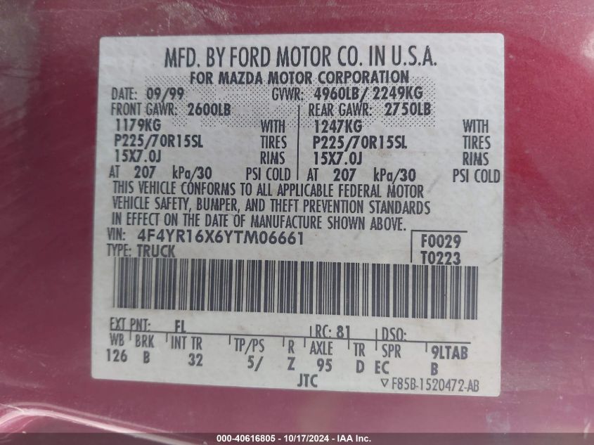 2000 Mazda B4000 Se VIN: 4F4YR16X6YTM06661 Lot: 40616805