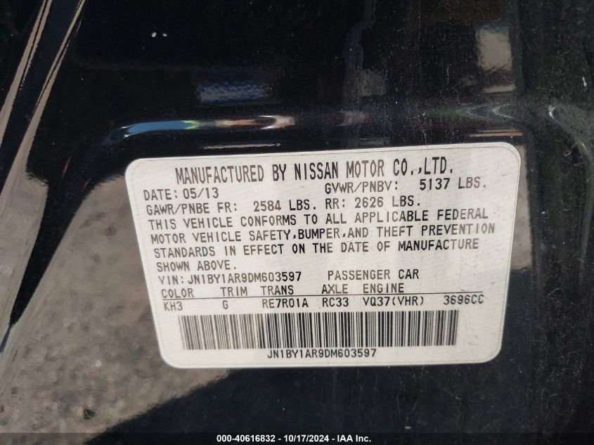 2013 Infiniti M37X VIN: JN1BY1AR9DM603597 Lot: 40616832