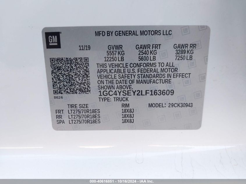 2020 Chevrolet Silverado 3500Hd 4Wd Long Bed Wt VIN: 1GC4YSEY2LF163609 Lot: 40616851