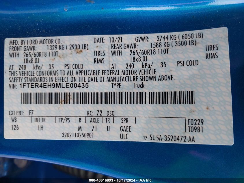 VIN 1FTER4EH9MLE00435 2021 FORD RANGER XL
